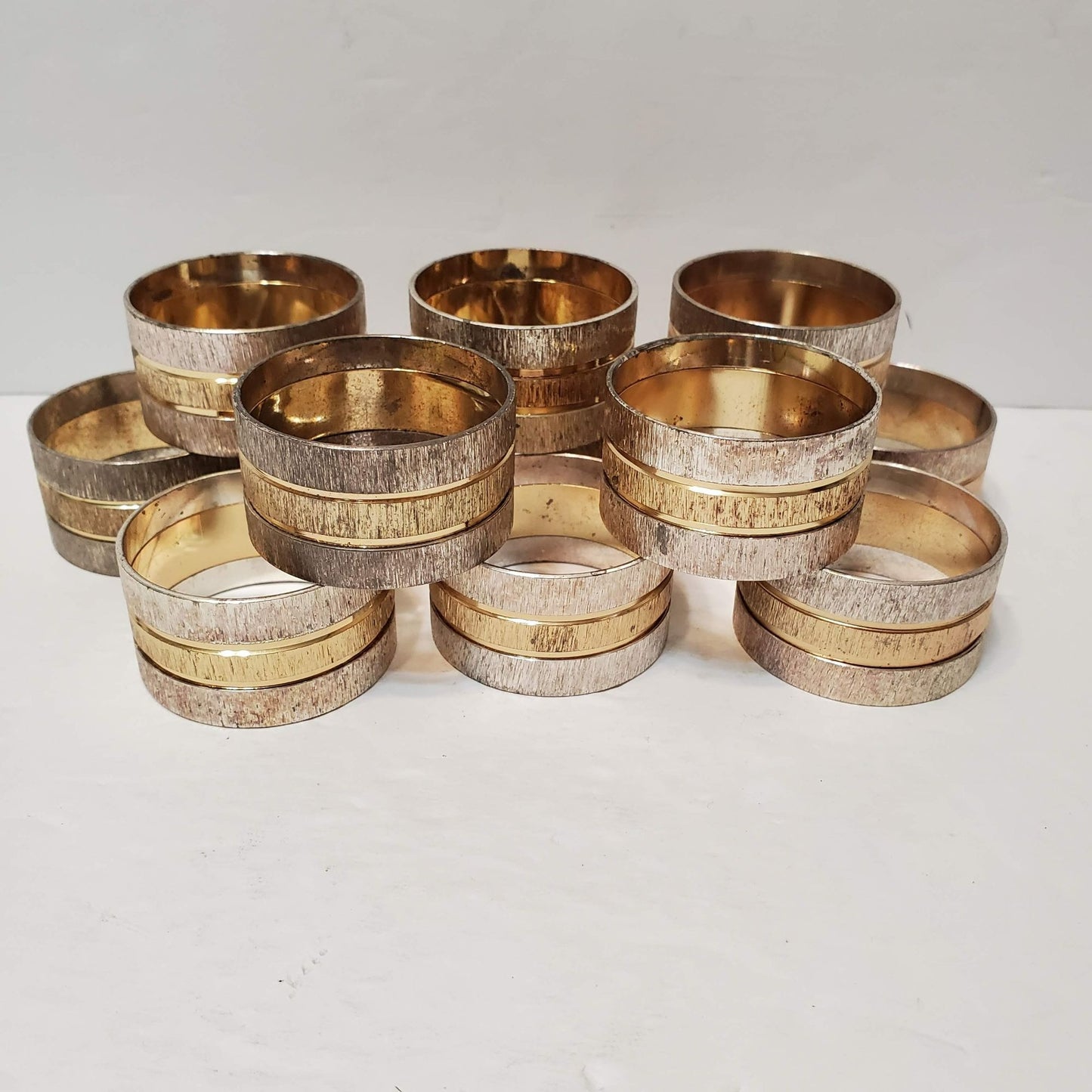 Vintage Chrome and Gold Tone Napkin Rings, Set of 12, Silver Textured Striped