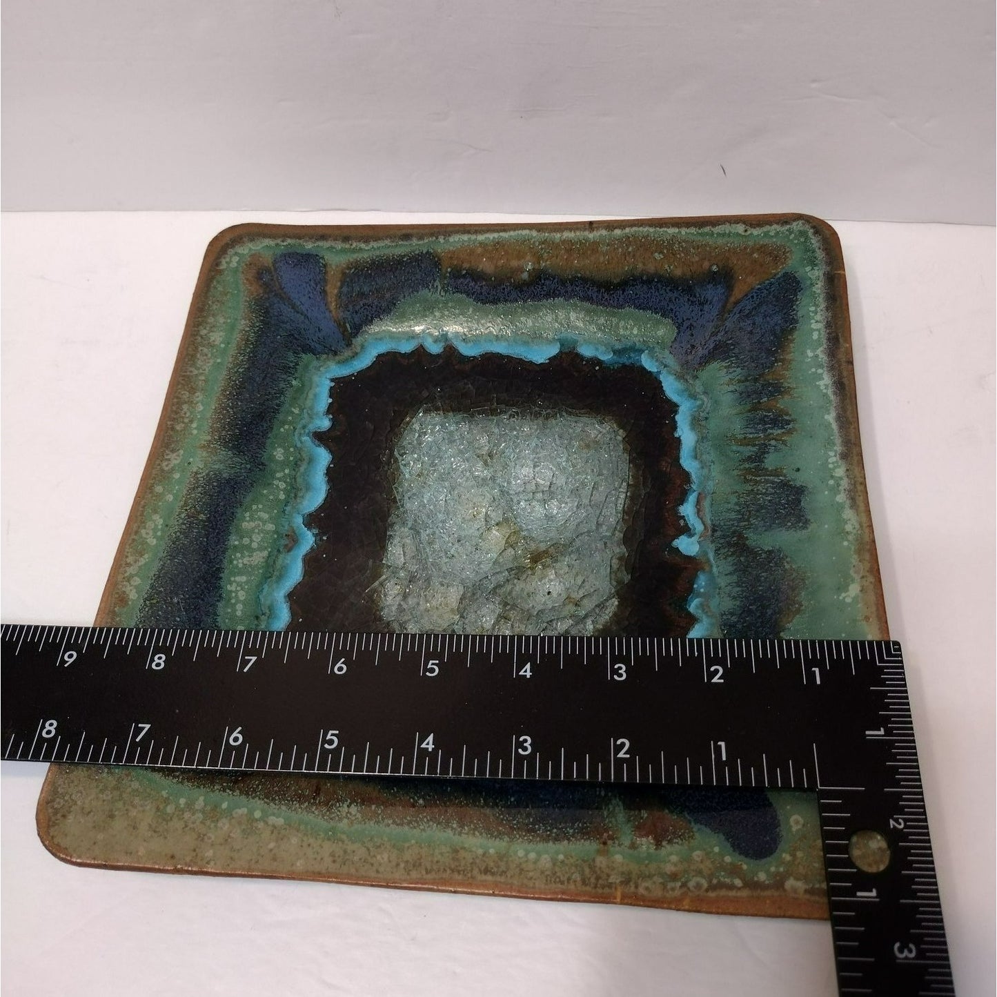 Dock 6 Pottery Plate Geode Crackle Glass Blue Green Square Large 9" Hand Crafted