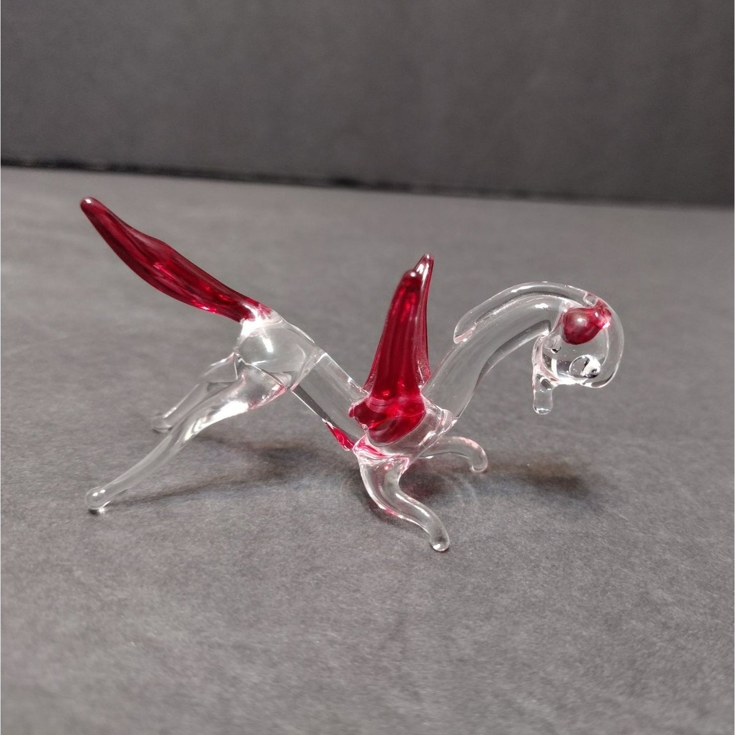 Miniature Art Glass Pegasus, Tiny Glass Animal, Flying Horse, Pink Red Clear