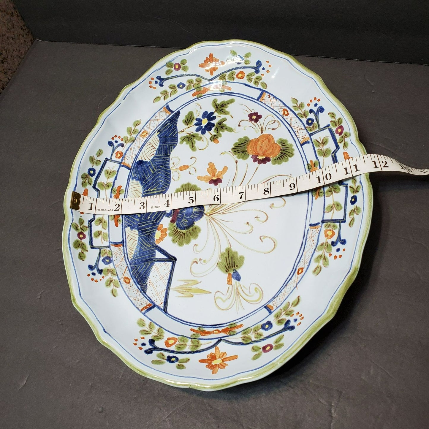 Garofano Antique Italian Platter 15" Faience Pottery Blue Carnation Faenza Style