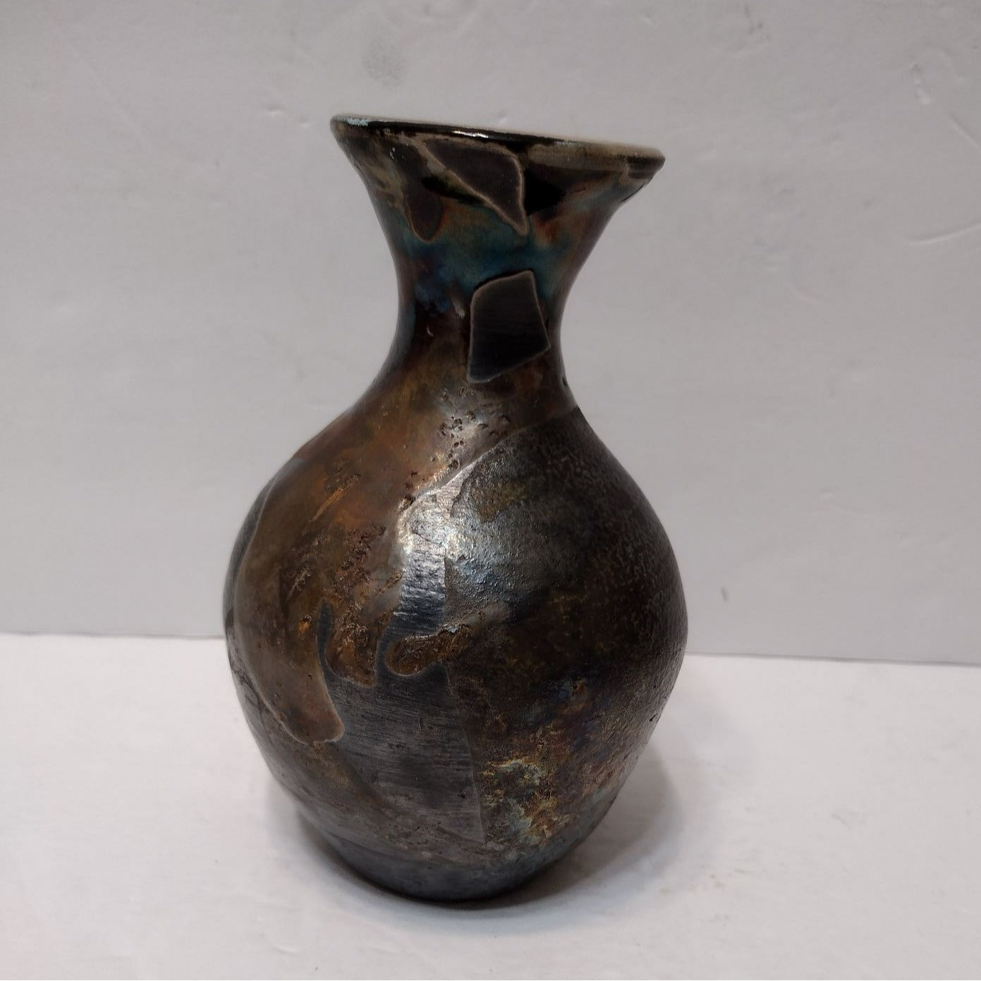 Vintage Raku Pottery Vase signed B Thomas, Black Green Copper Art Studio Pottery