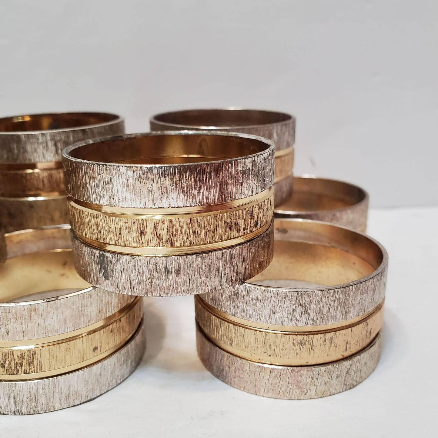 Vintage Chrome and Gold Tone Napkin Rings, Set of 12, Silver Textured Striped