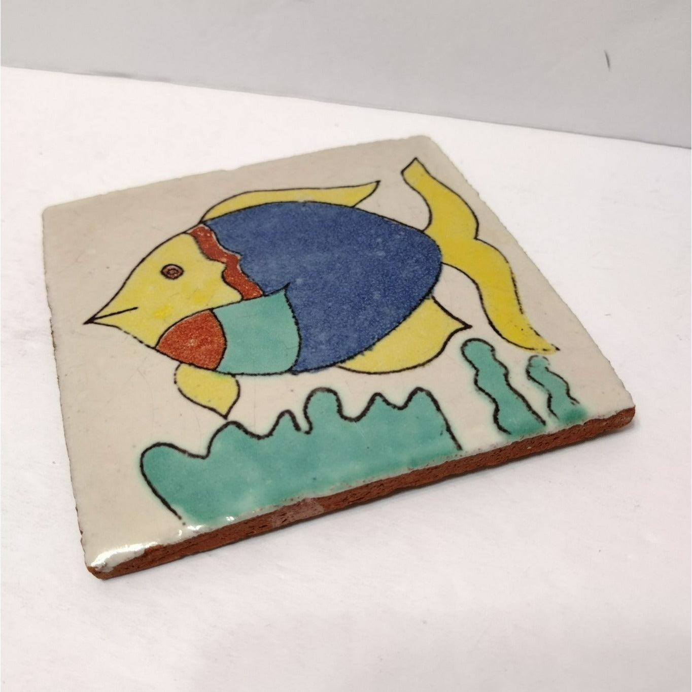 Mexican Folk Art Hand Crafted Art Tile, Ceramic Fish Coastal Yellow Blue Trivet