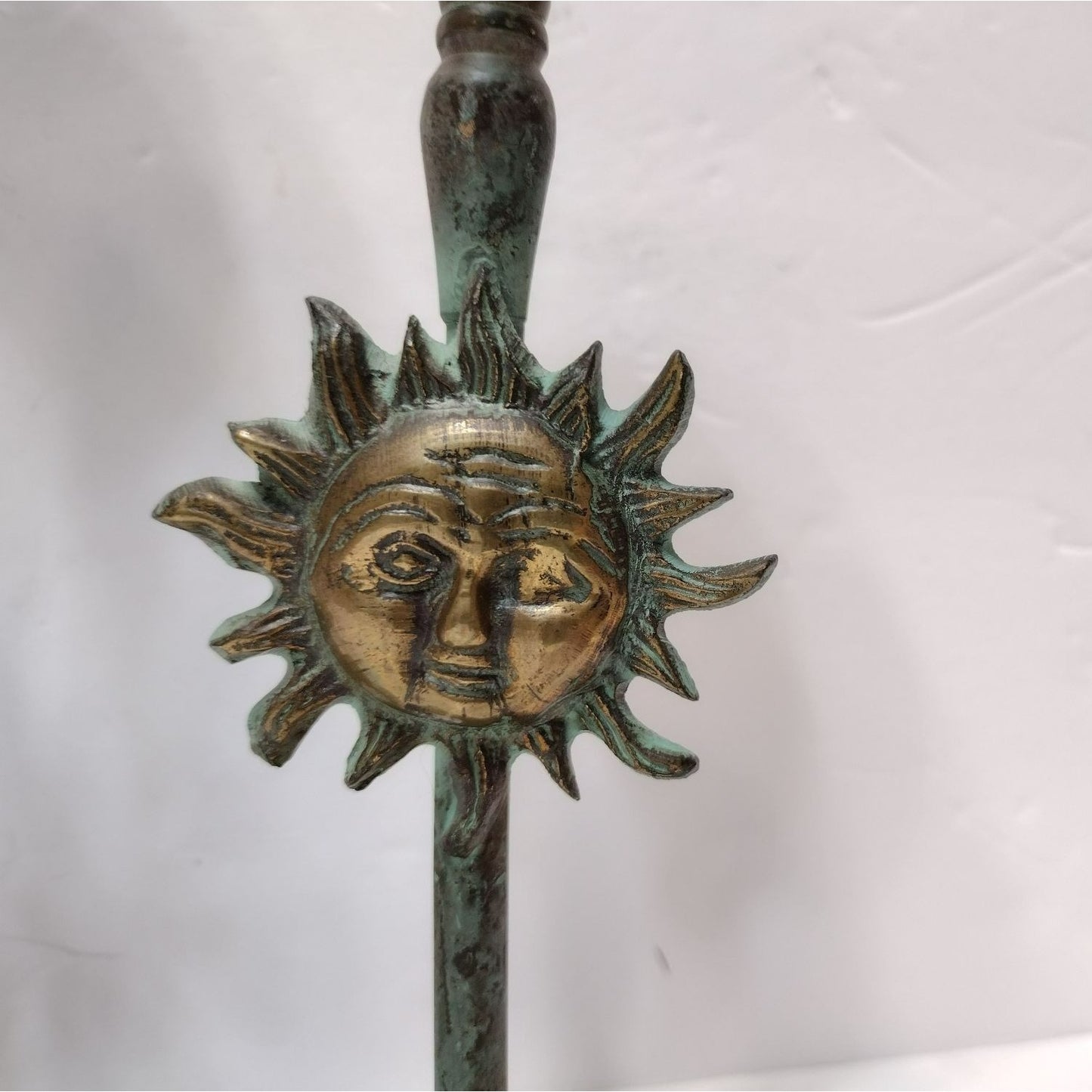 Vintage Sun Candlesticks, Star Celestial Boho, Solid Brass Metal Green Patina