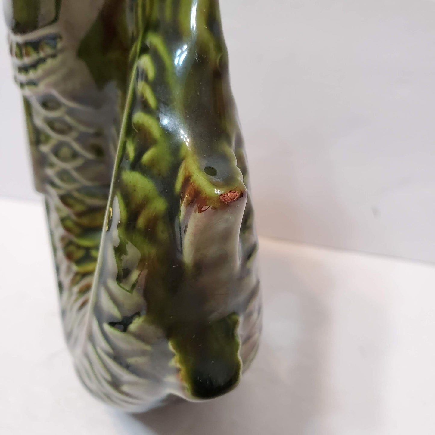 7" Green Glazed Gluggle Jug Gurgling Koi Fish Pitcher Vase Signed DHK Retro 1970s