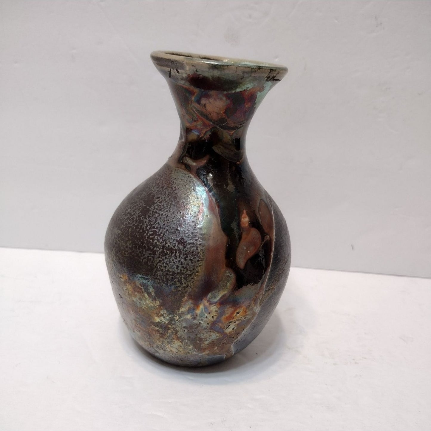 Vintage Raku Pottery Vase signed B Thomas, Black Green Copper Art Studio Pottery