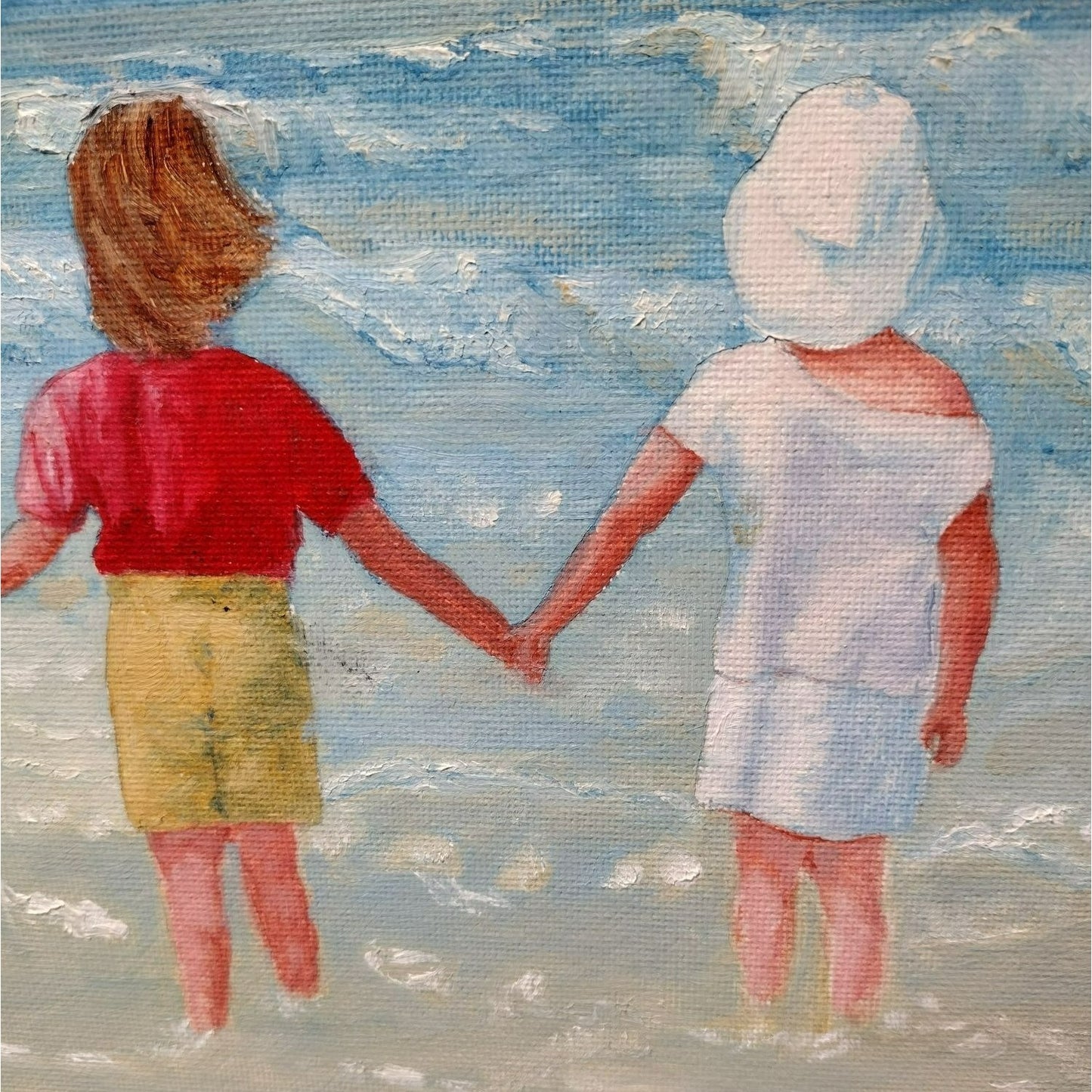 Framed Oil Painting, Signed J Bremer 2007 Girl Friends on Beach Coastal Wall Art