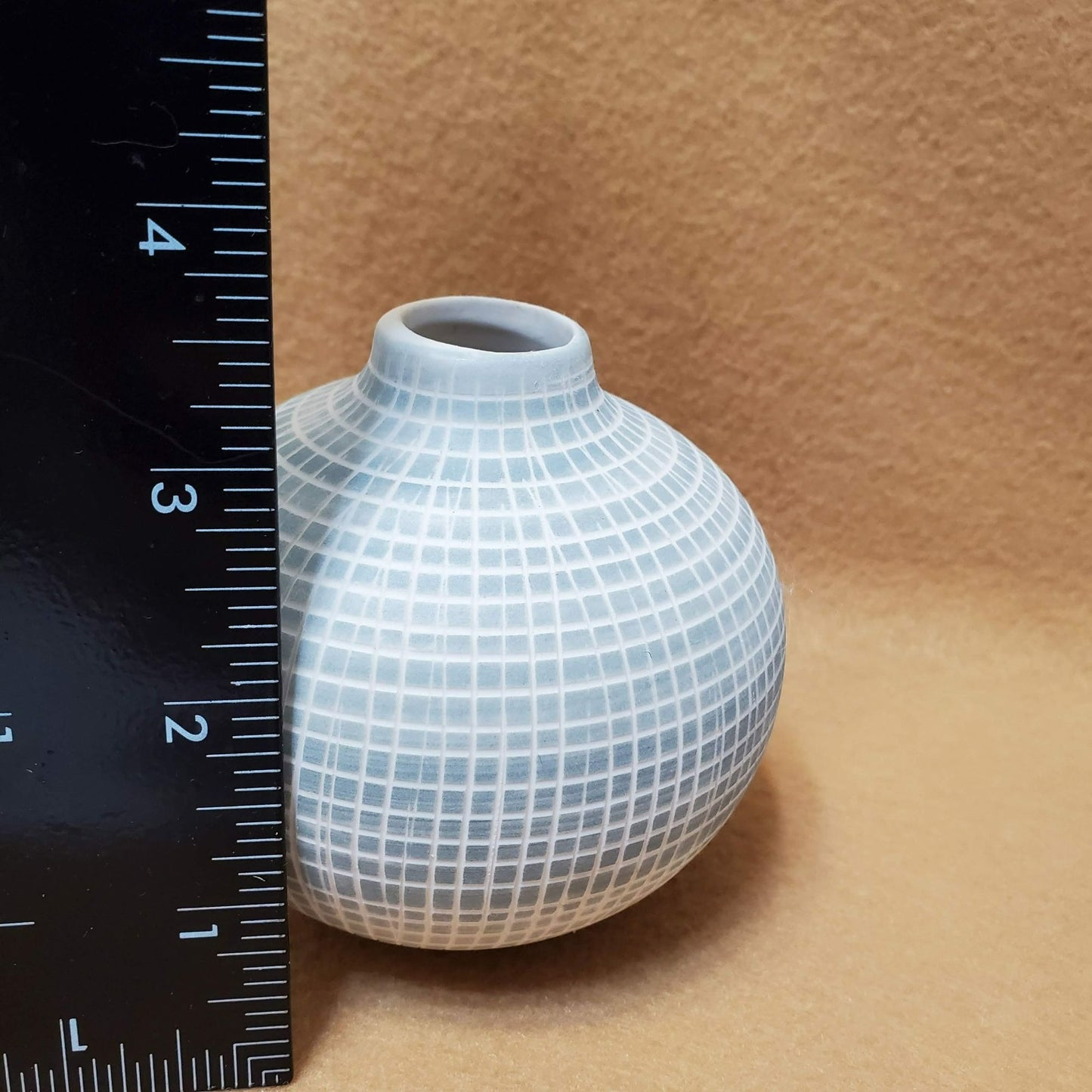Small Bisque Porcelain Ceramic Bud Vase, Spherical, Engraved Checked Grey Blue