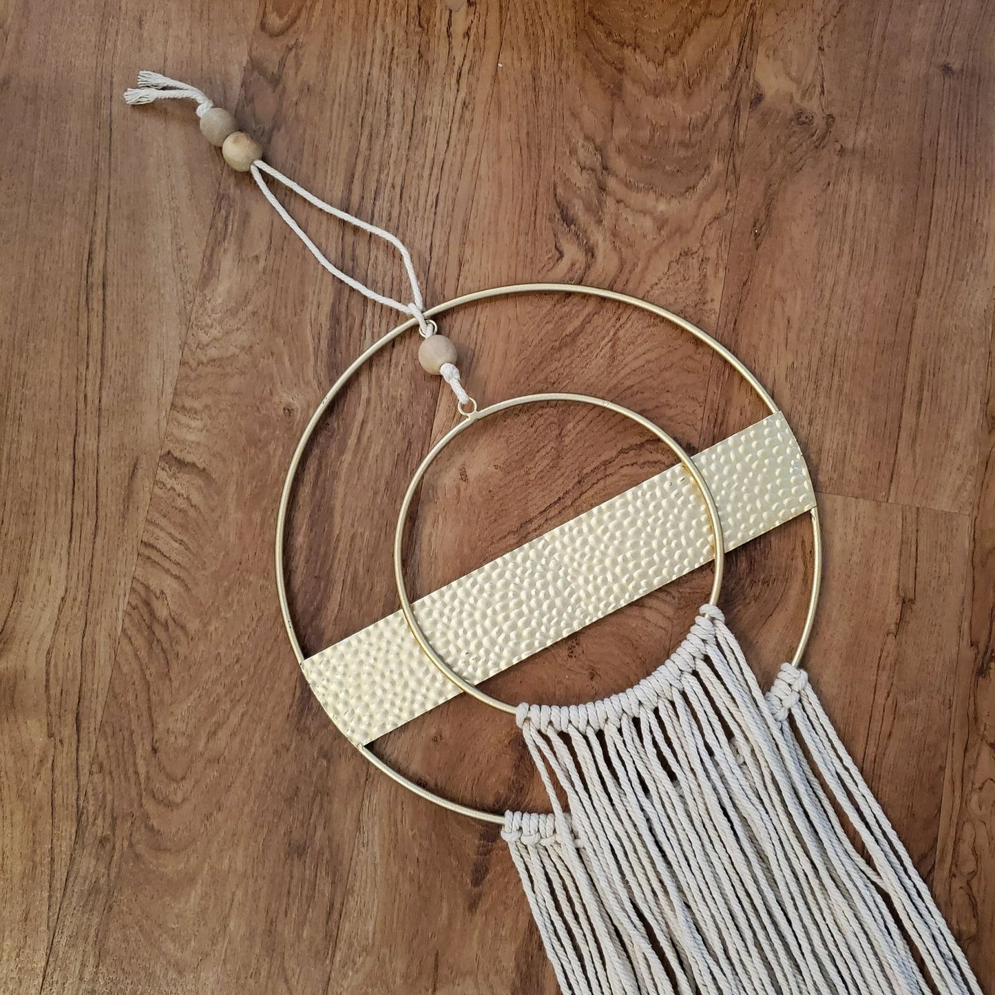 Macrame Wall Hanging, Dream Catcher, Gold Tone Brass and Cotton, Boho Wall Decor