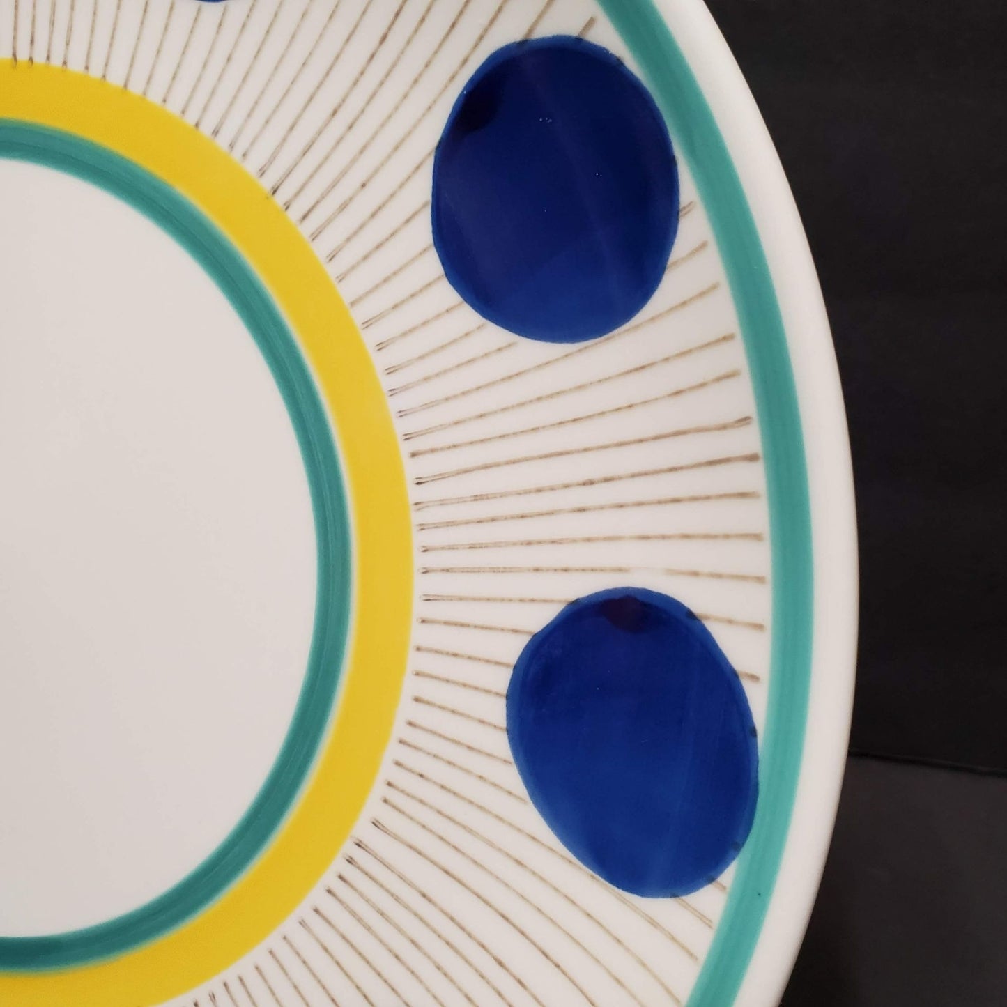 West Elm Hand Painted Dinner Plate, 10" Retro Blue Yellow Starburst Dots Stripes