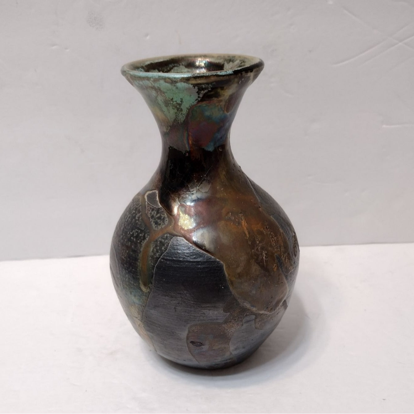 Vintage Raku Pottery Vase signed B Thomas, Black Green Copper Art Studio Pottery