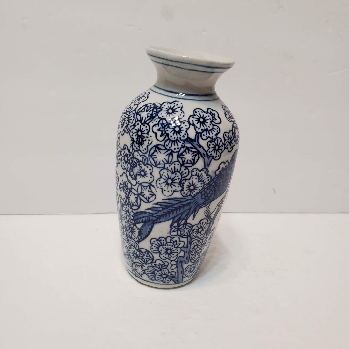 Blue & White Porcelain Vase, Chinoiserie Asian Style Floral Bird 6" Ceramic Vase