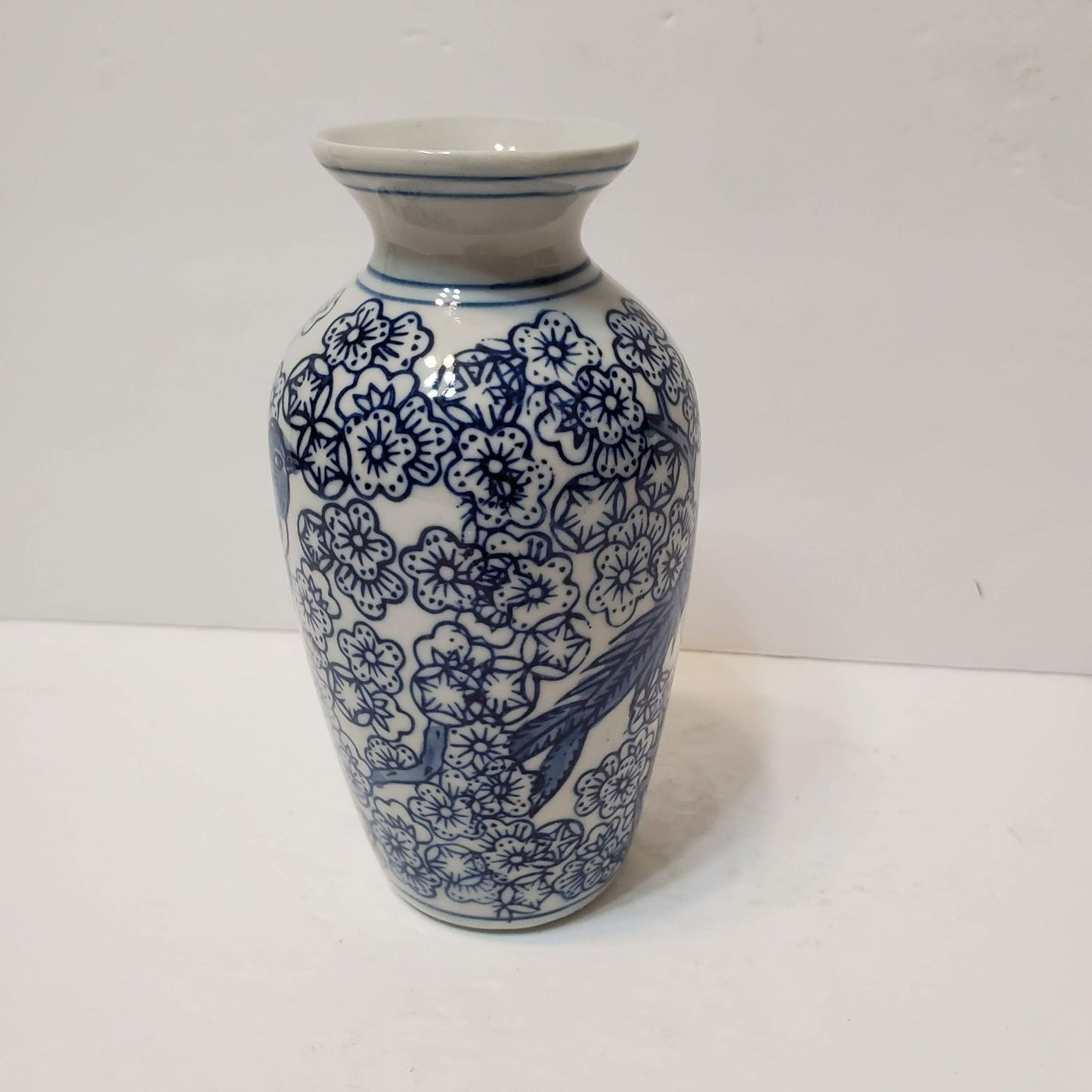 Blue & White Porcelain Vase, Chinoiserie Asian Style Floral Bird 6" Ceramic Vase