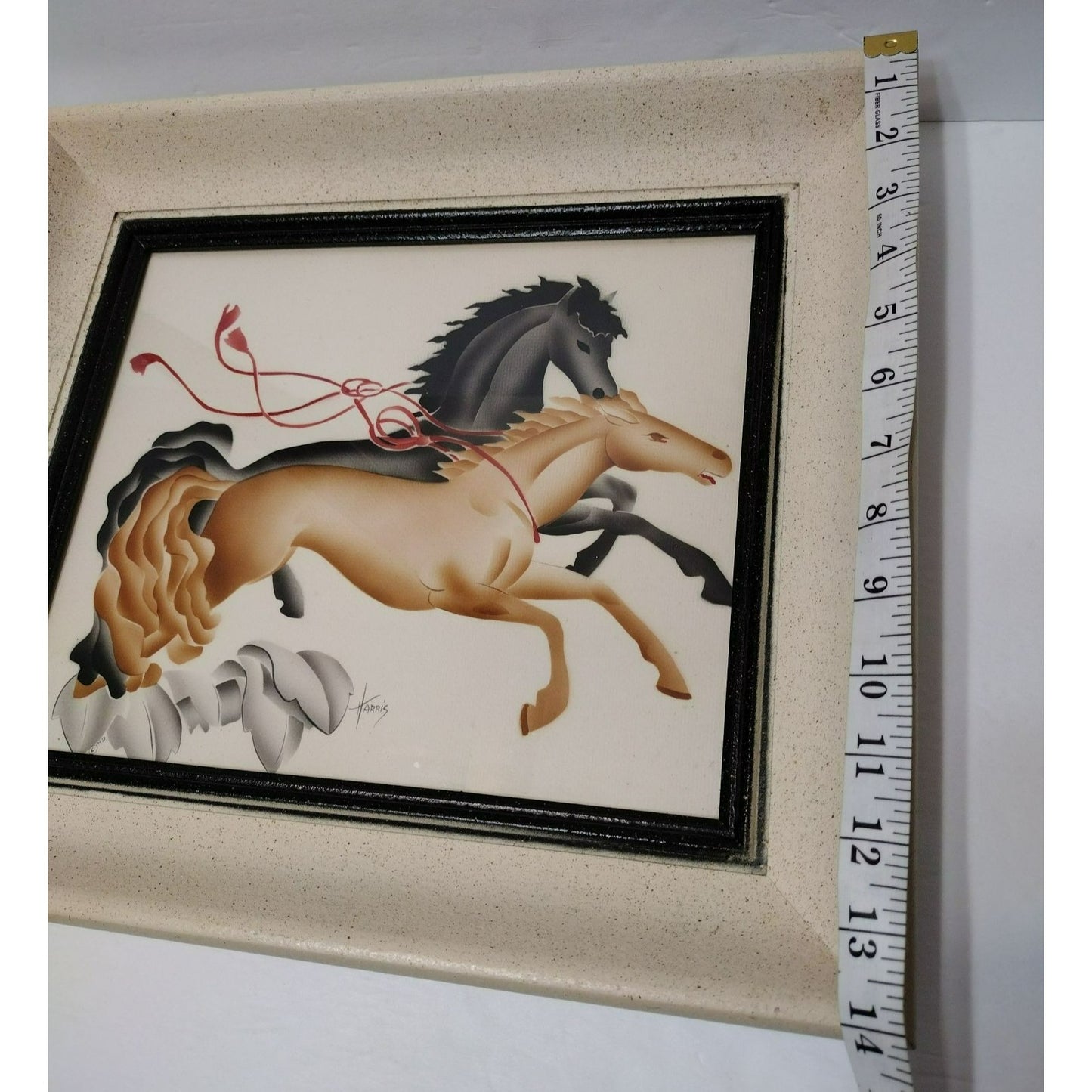 Original Airbrush Painting by American Illustrator Benjamin Jorj Harris, Horses, Signed Framed