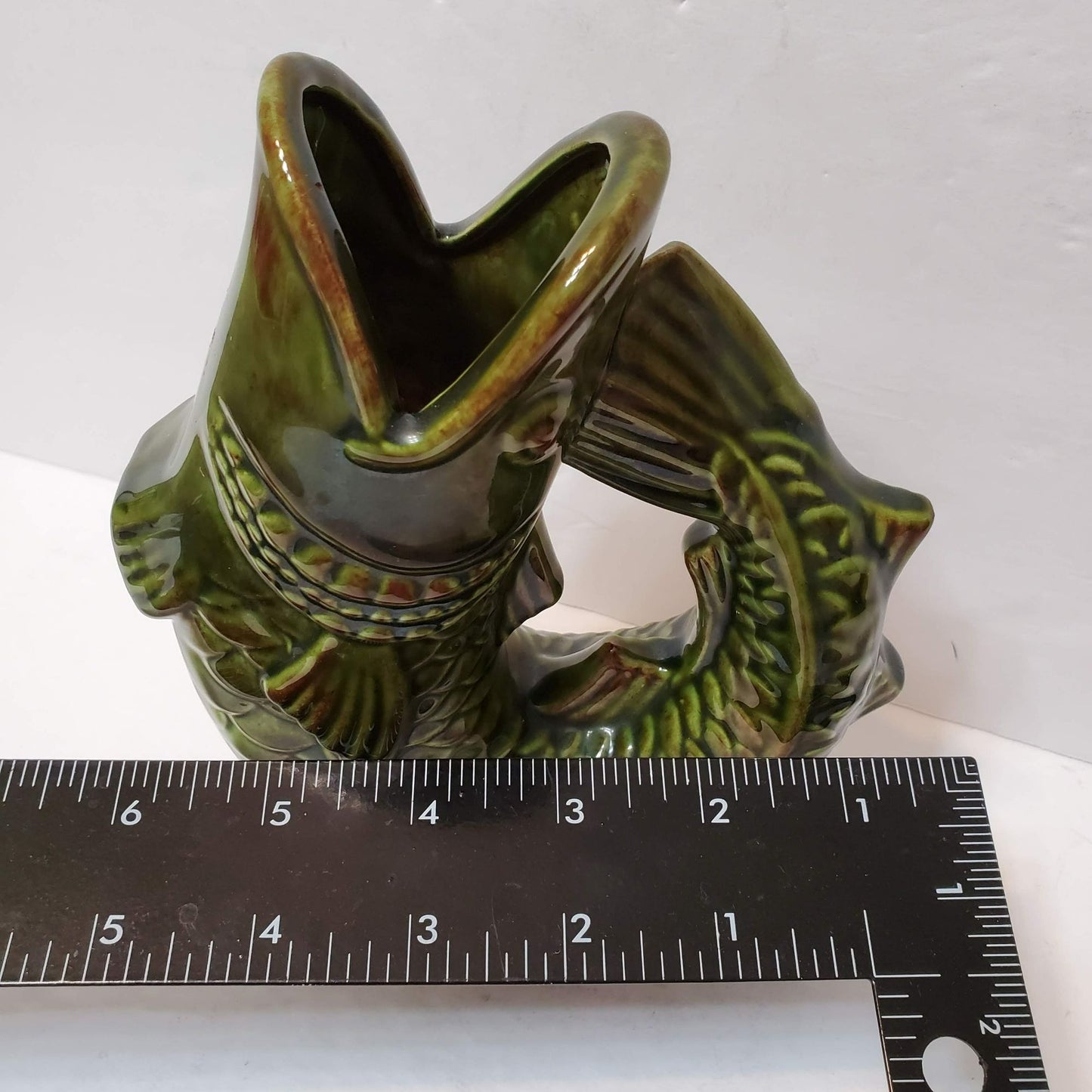 7" Green Glazed Gluggle Jug Gurgling Koi Fish Pitcher Vase Signed DHK Retro 1970s