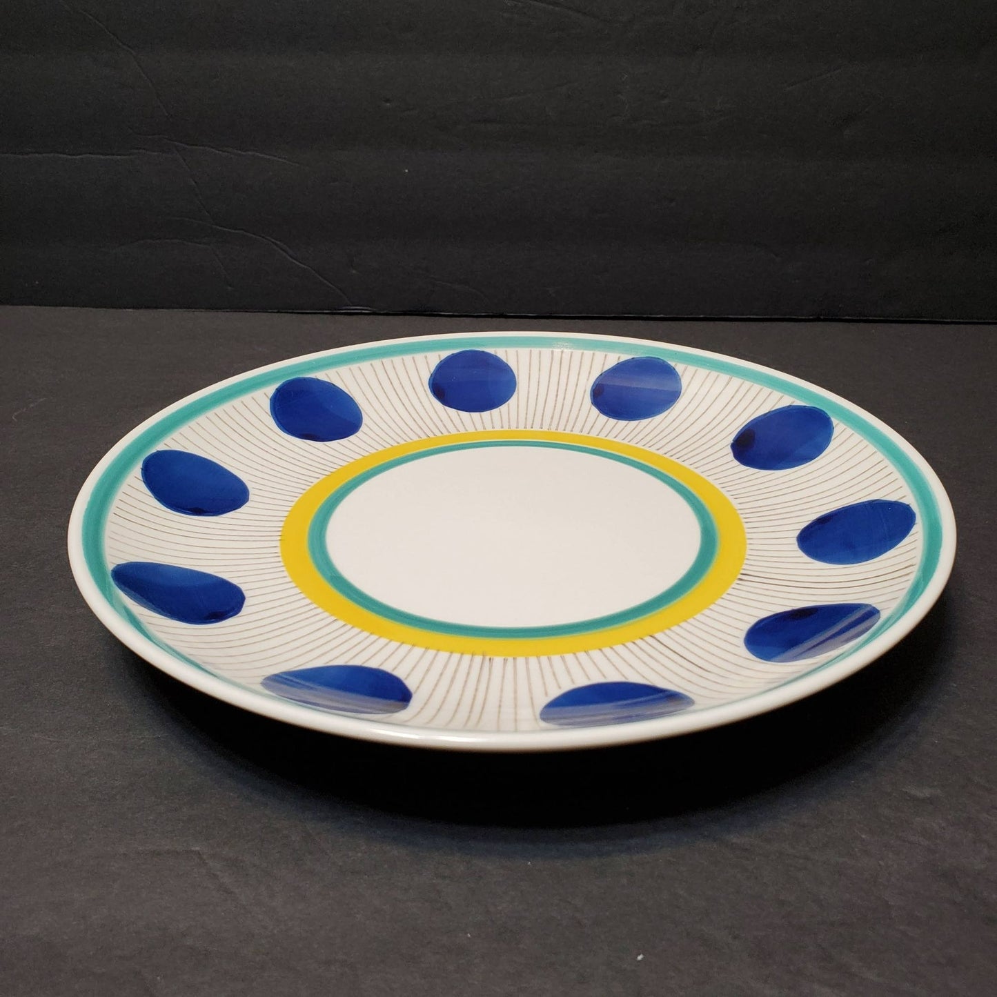 West Elm Hand Painted Dinner Plate, 10" Retro Blue Yellow Starburst Dots Stripes