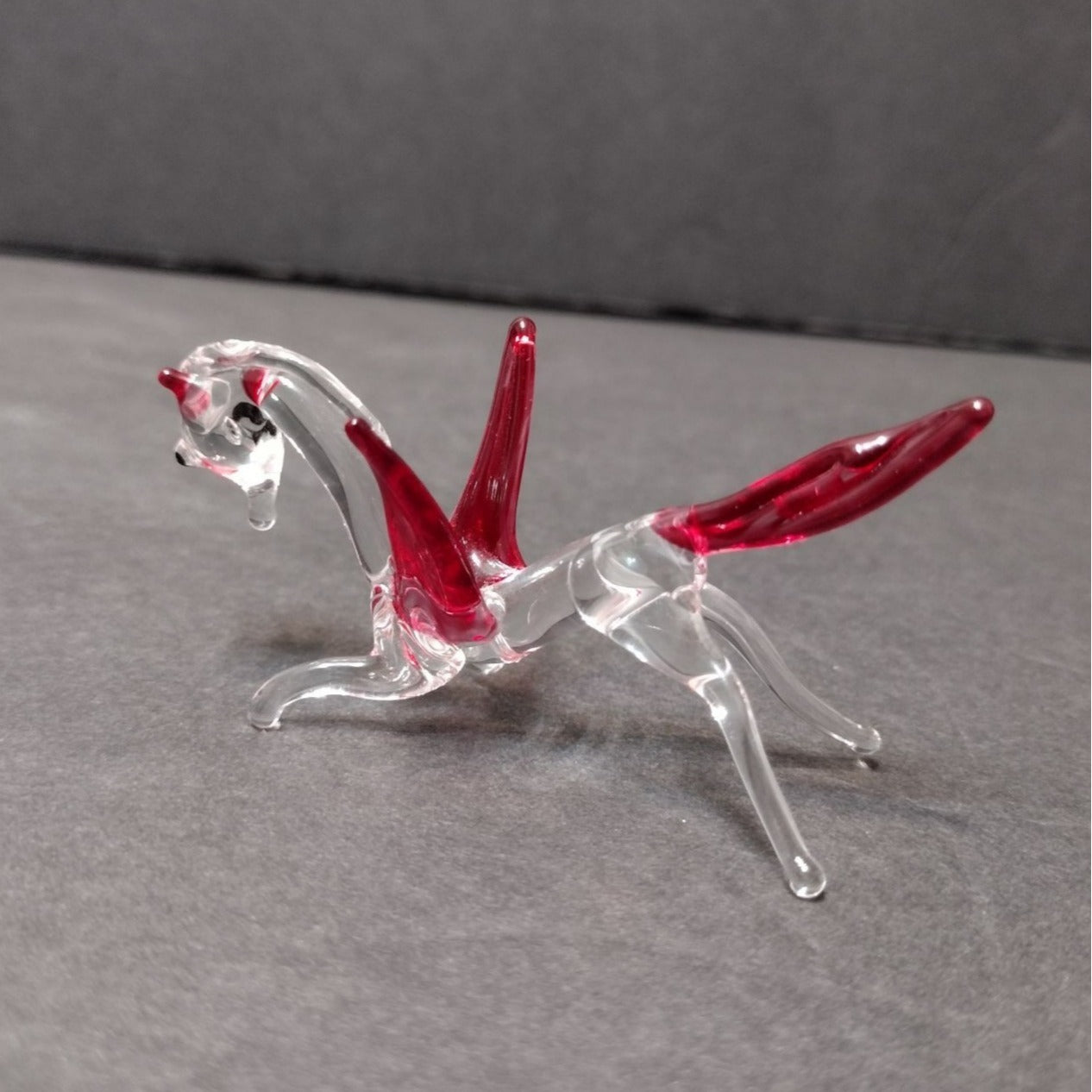 Miniature Art Glass Pegasus, Tiny Glass Animal, Flying Horse, Pink Red Clear