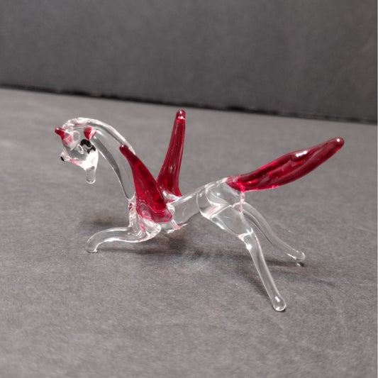 Miniature Art Glass Pegasus, Tiny Glass Animal, Flying Horse, Pink Red Clear