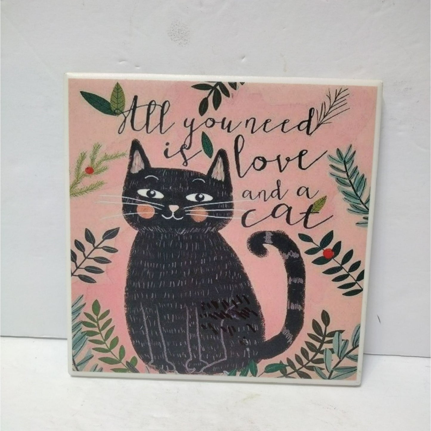 Hand Crafted Love and Cat Ceramic Wall Art Tile by Kure Kreations 6x6" Trivet