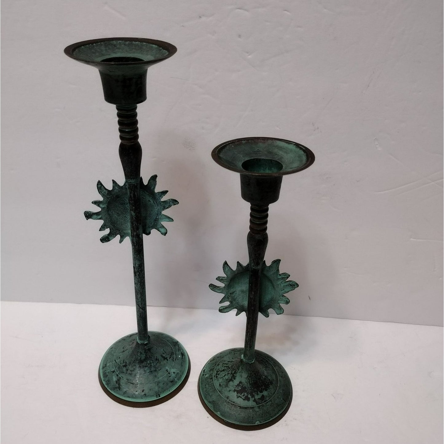 Vintage Sun Candlesticks, Star Celestial Boho, Solid Brass Metal Green Patina