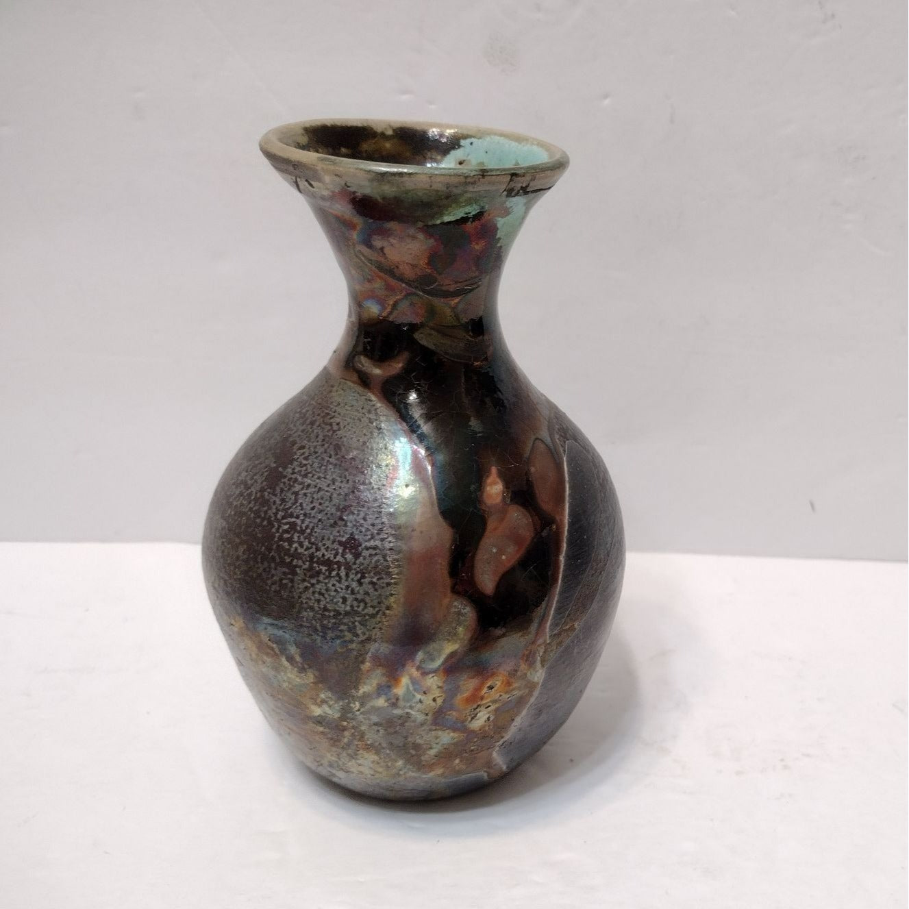 Vintage Raku Pottery Vase signed B Thomas, Black Green Copper Art Studio Pottery