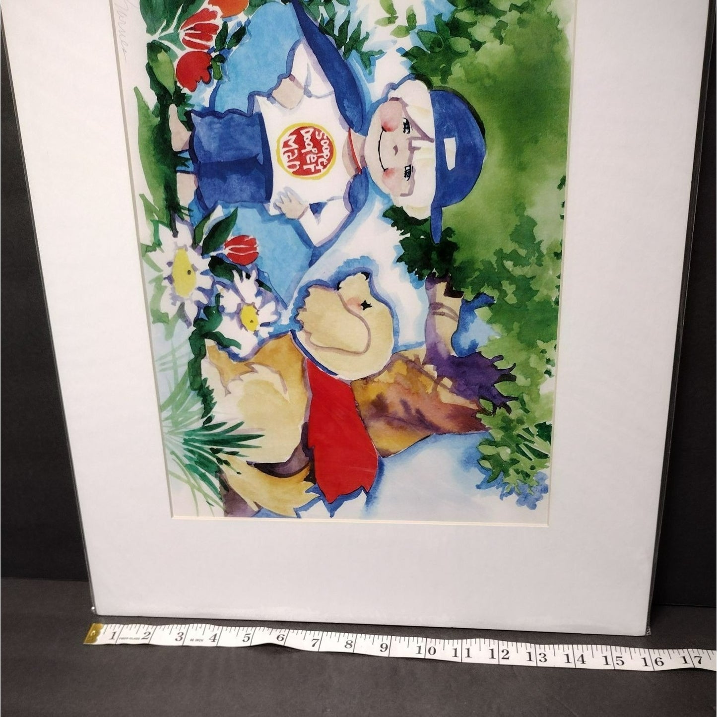 Signed Art Print by Diana Barnes, Matted Watercolor Artwork, Superman Boy & Dog