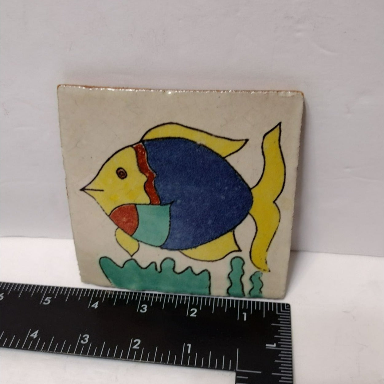 Mexican Folk Art Hand Crafted Art Tile, Ceramic Fish Coastal Yellow Blue Trivet