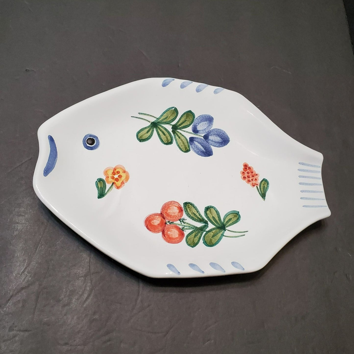 Hand Painted Ceramic Floral Fish Plate, Presen Tense Handpainted Hungary Redware