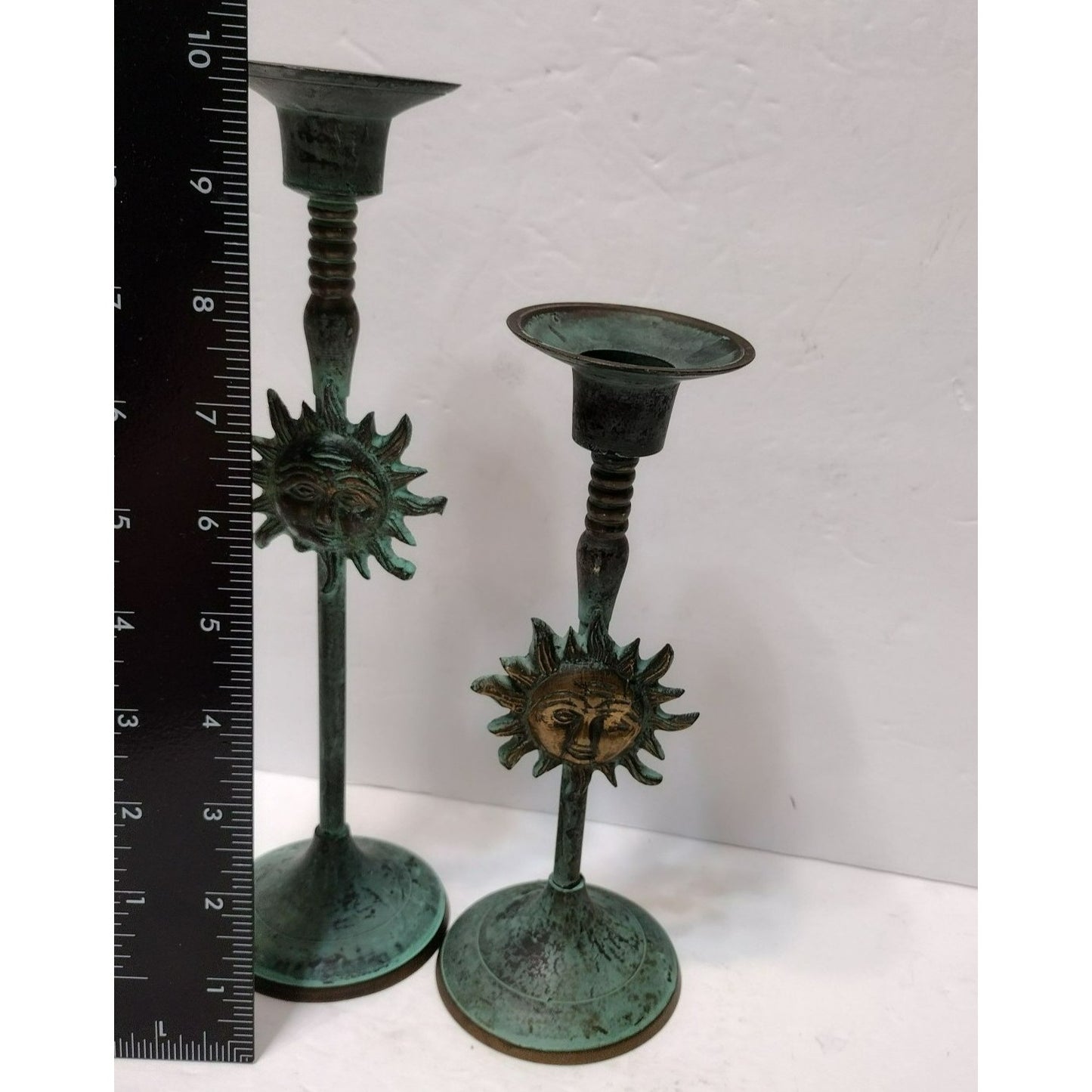 Vintage Sun Candlesticks, Star Celestial Boho, Solid Brass Metal Green Patina