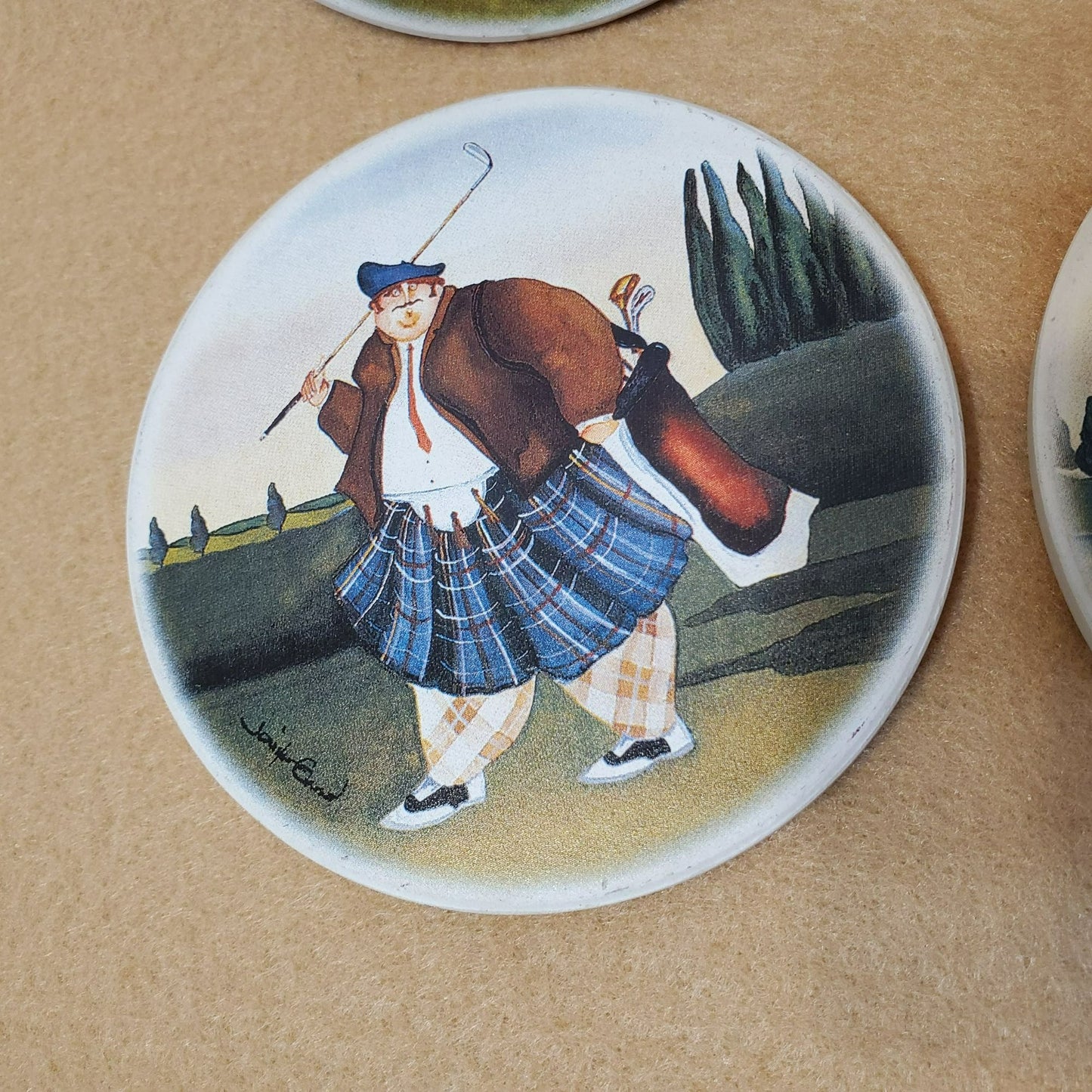 Golf Coasters, Jennifer Garant Ceramic Trivets, Set of 4, Cork Back, Scot Kilts