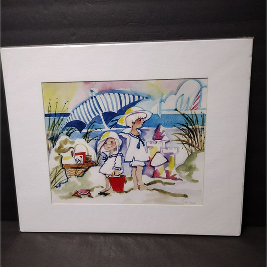 Signed Art Print by Diana Barnes, Matted Watercolor Artwork, Children on Beach