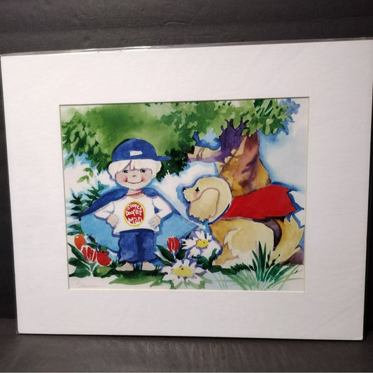 Signed Art Print by Diana Barnes, Matted Watercolor Artwork, Superman Boy & Dog