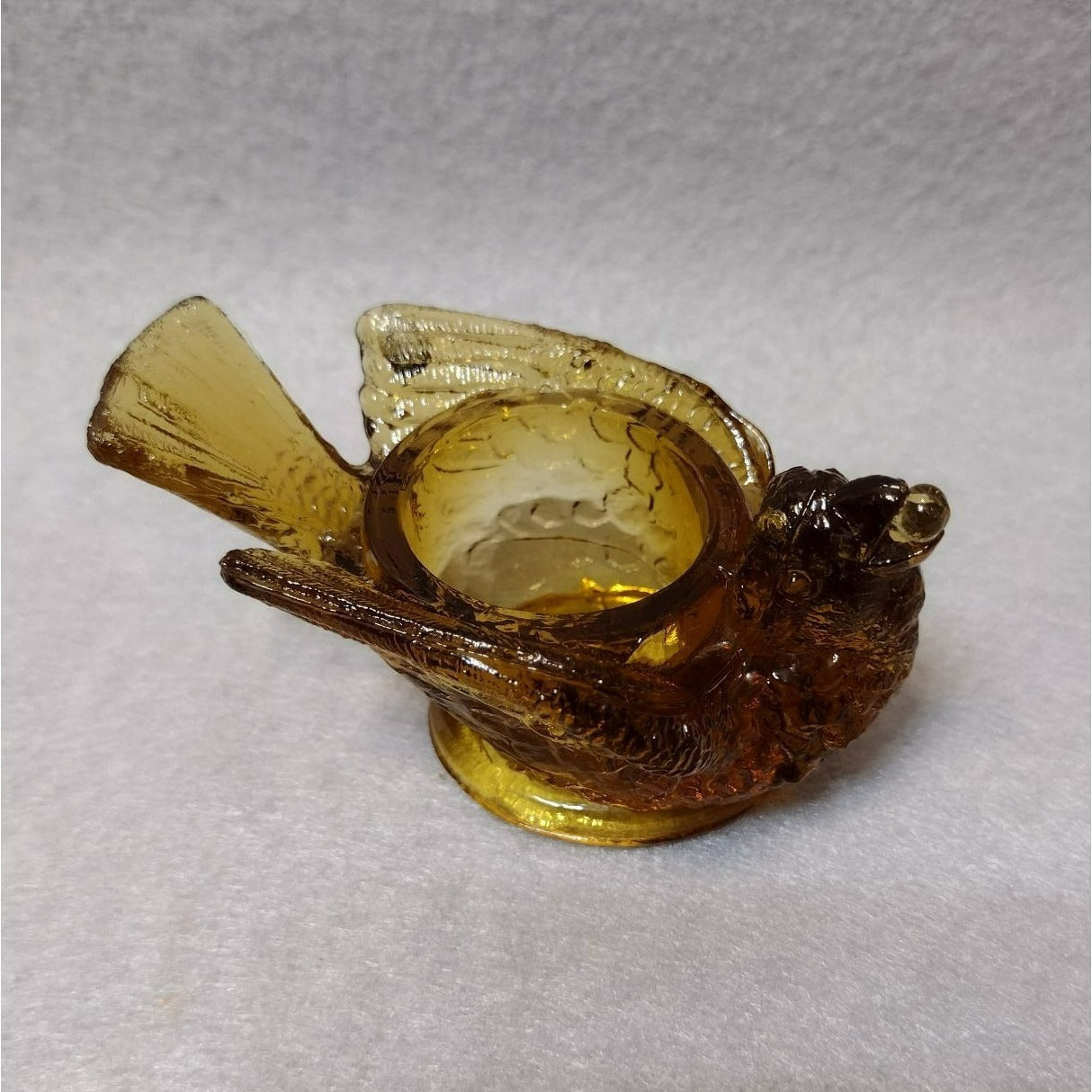 Vintage Glass Salt Cellars, Bird with Berry, Vaseline Yellow & Amber, MCM, Candle Holders, Mid Century Glass