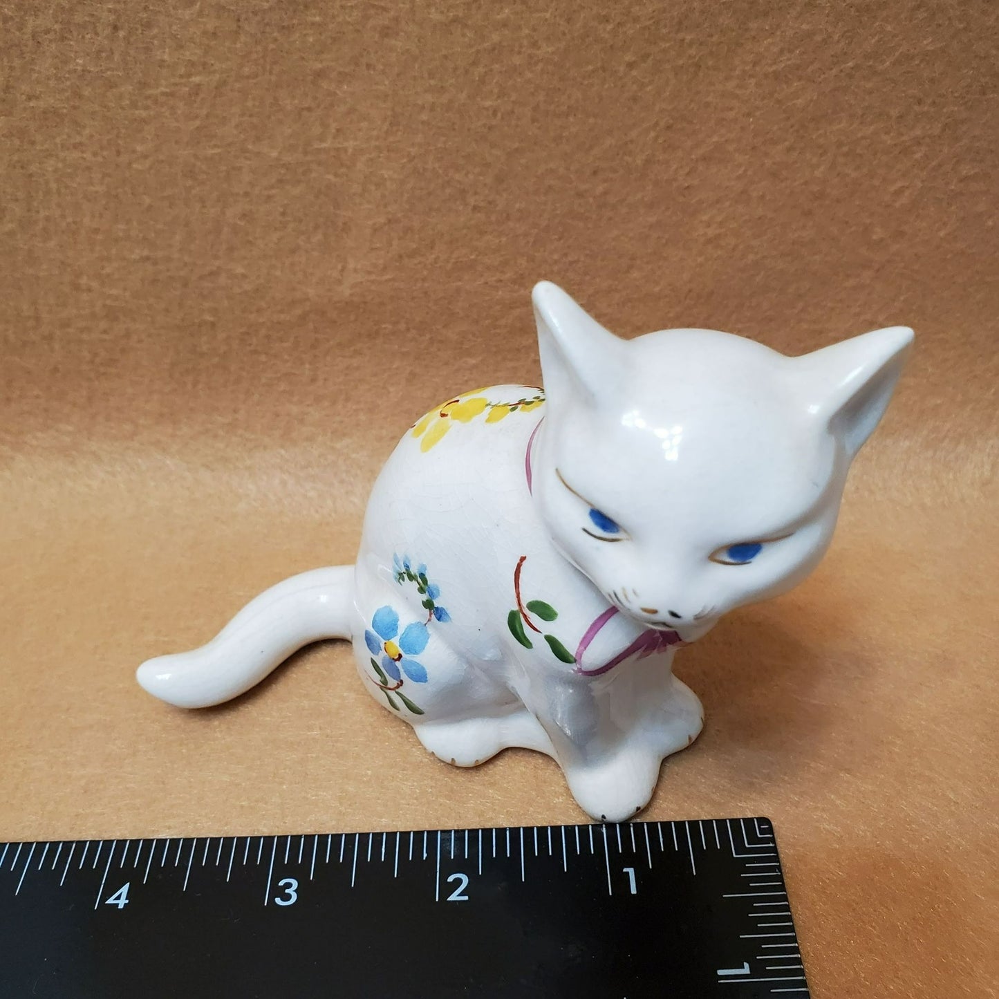 Vintage White Floral Cat Figurine, Pink Bow Hand Painted Flowers Blue Eye Kitten