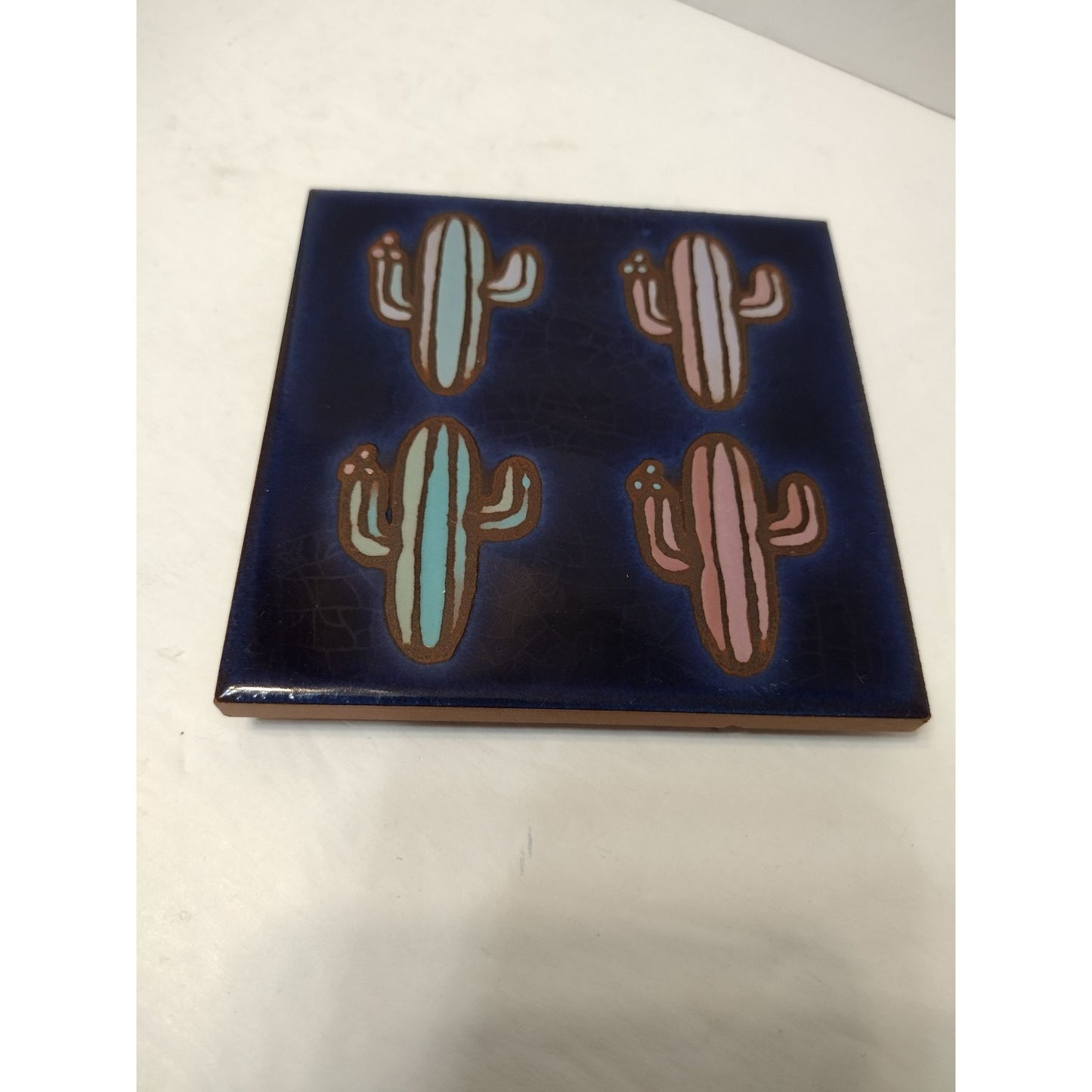 Masterworks Hand Crafted Art Tile, Ceramic Blue Cactus Trivet Coaster Wall Tile