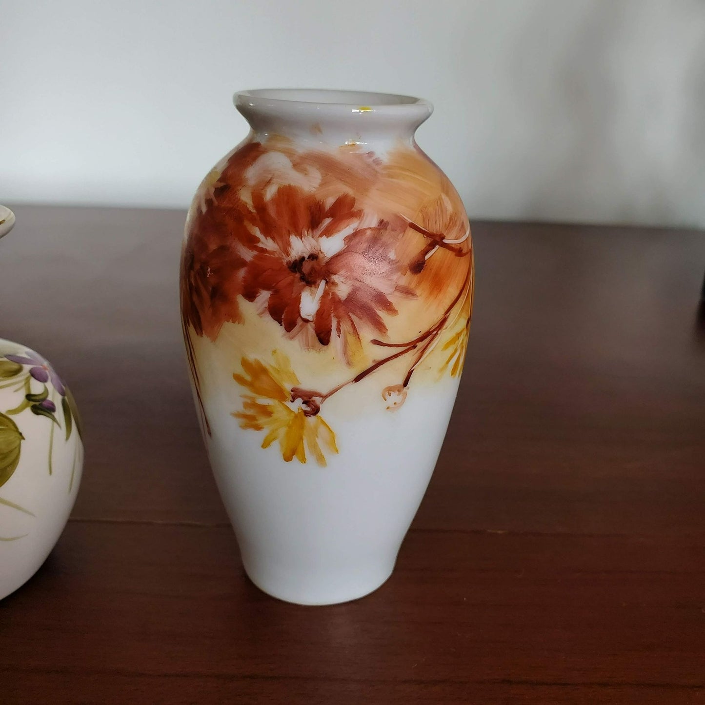 Hand Painted Miniature Porcelain Bud Vase, Signed, Orange Flowers Chrysanthemum