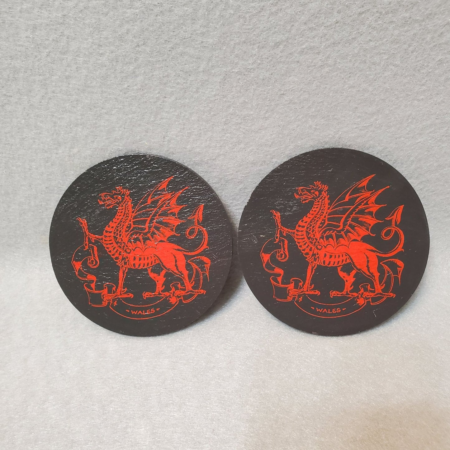 Welsh Dragon Coasters, 2 pc, Slate Hand Painted Red Wales Souvenir Y Ddraig Goch