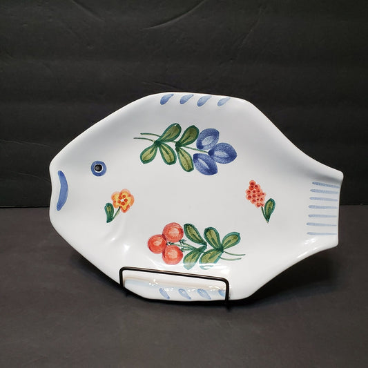 Hand Painted Ceramic Floral Fish Plate, Presen Tense Handpainted Hungary Redware