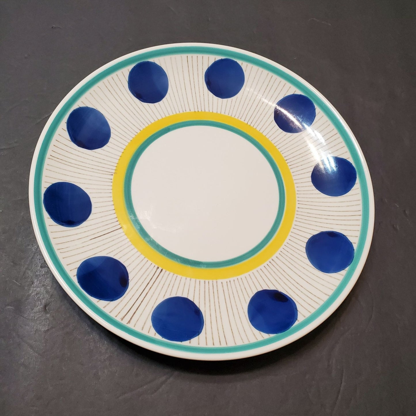 West Elm Hand Painted Dinner Plate, 10" Retro Blue Yellow Starburst Dots Stripes