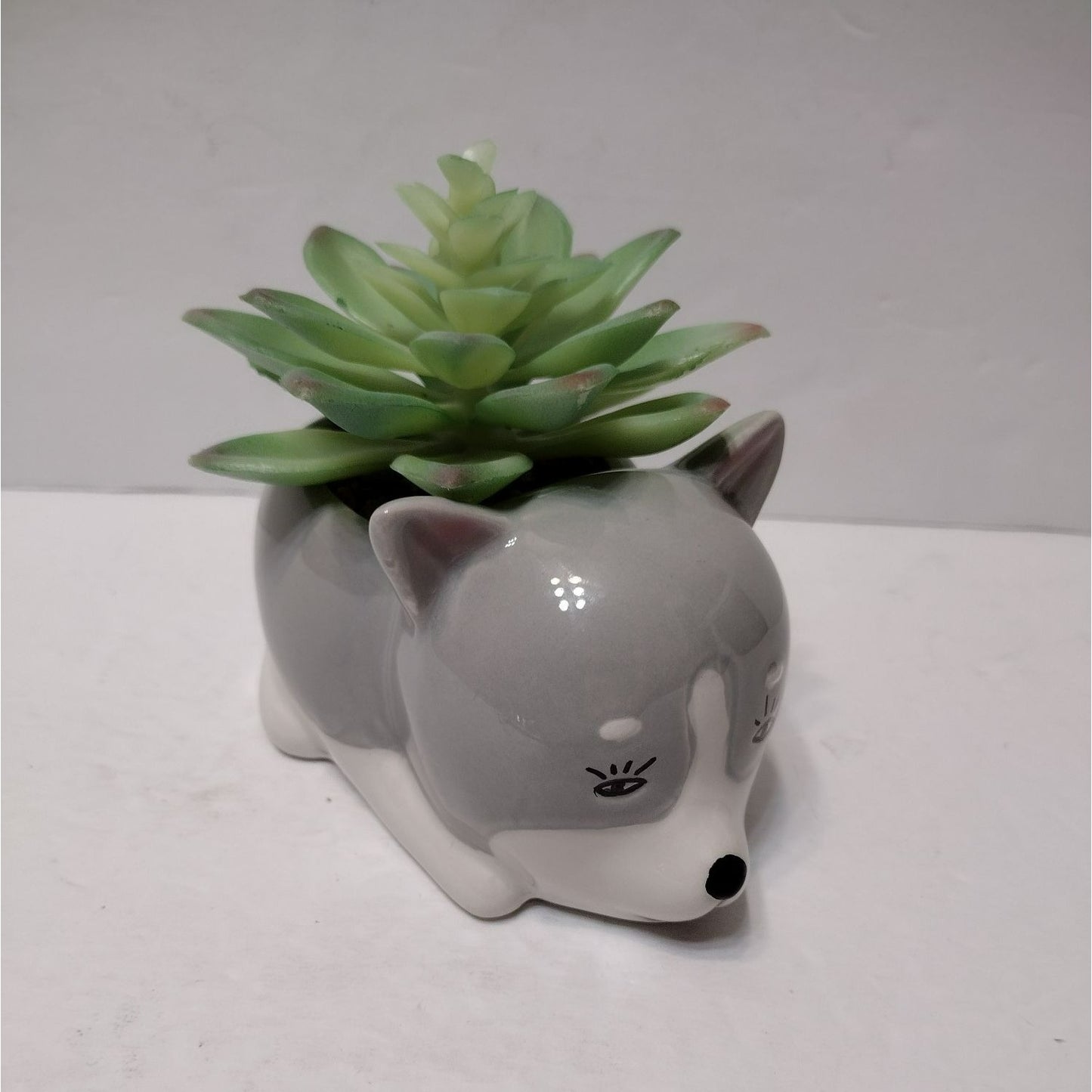 Husky Dog with Faux Plant, Grey Ceramic Puppy Animal Succulent Planter Pot Gift