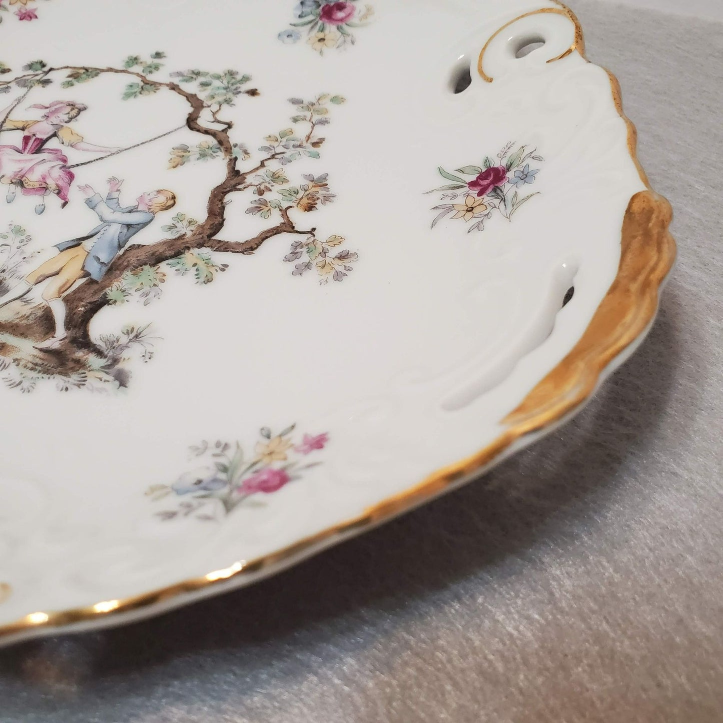 Vintage Victorian Handled Cake Plate, Gilded Porcelain, Courting Couple on Swing