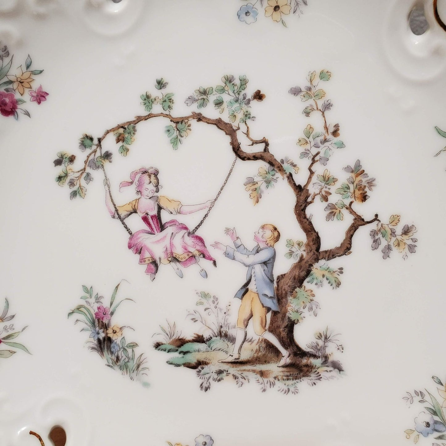 Vintage Victorian Handled Cake Plate, Gilded Porcelain, Courting Couple on Swing