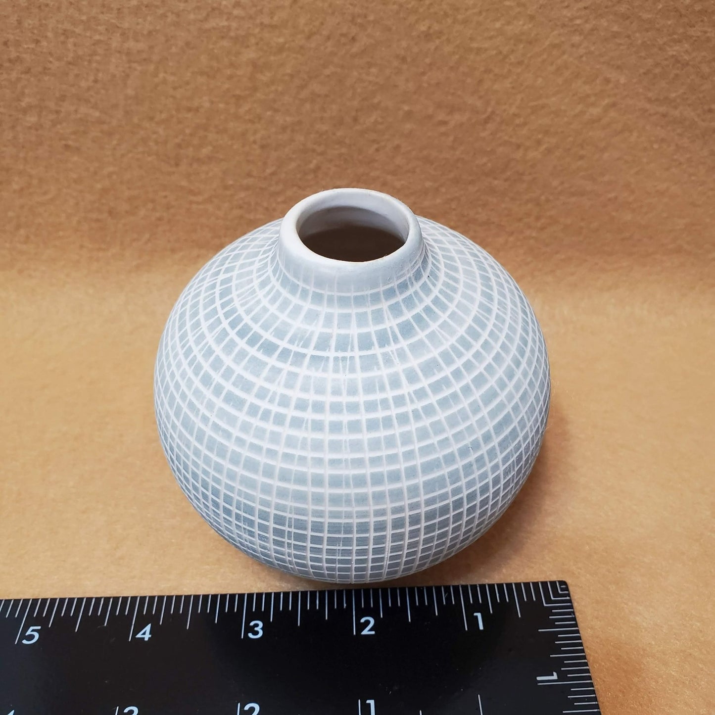 Small Bisque Porcelain Ceramic Bud Vase, Spherical, Engraved Checked Grey Blue