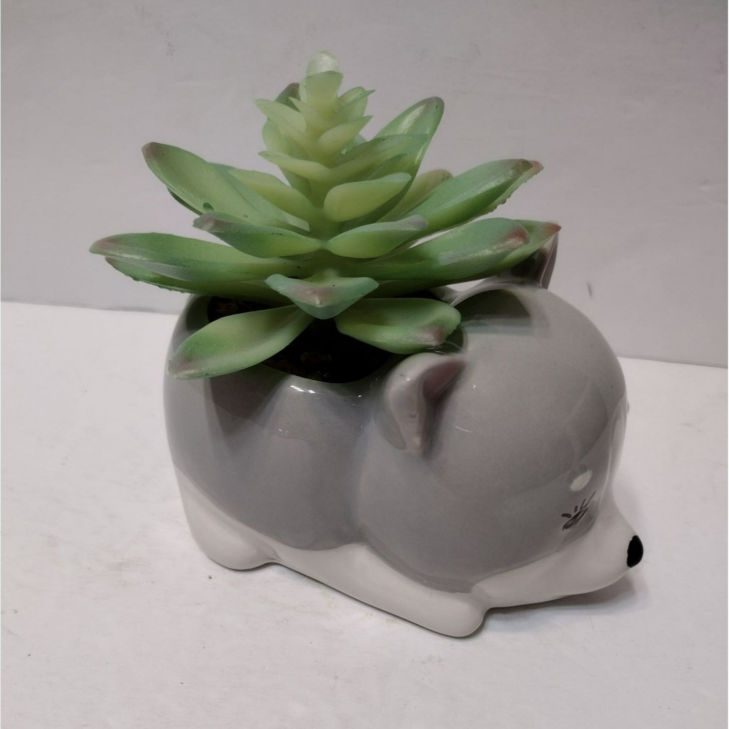 Husky Dog with Faux Plant, Grey Ceramic Puppy Animal Succulent Planter Pot Gift