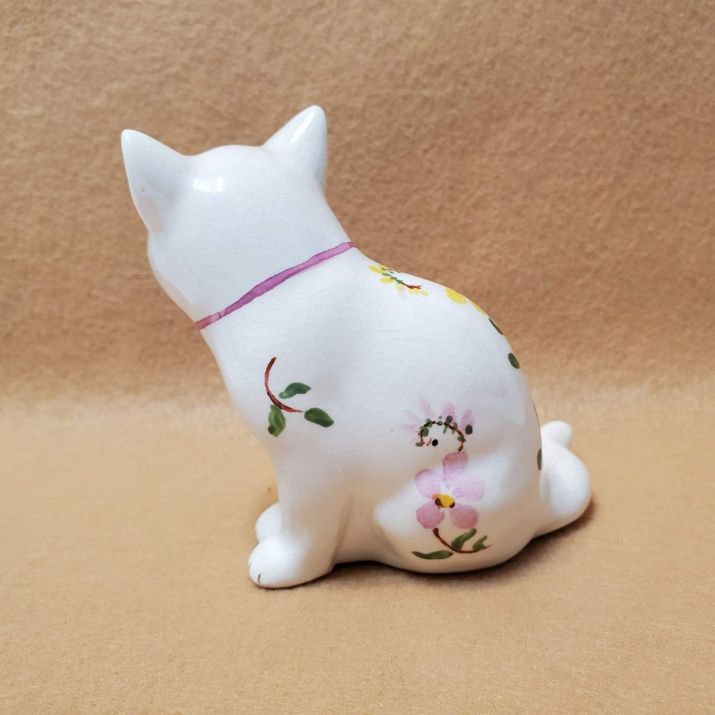 Vintage White Floral Cat Figurine, Pink Bow Hand Painted Flowers Blue Eye Kitten