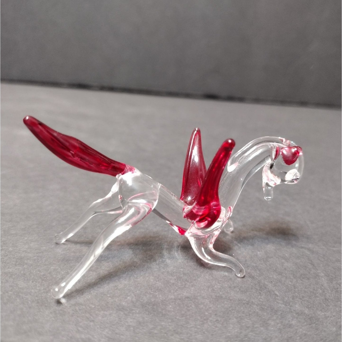 Miniature Art Glass Pegasus, Tiny Glass Animal, Flying Horse, Pink Red Clear