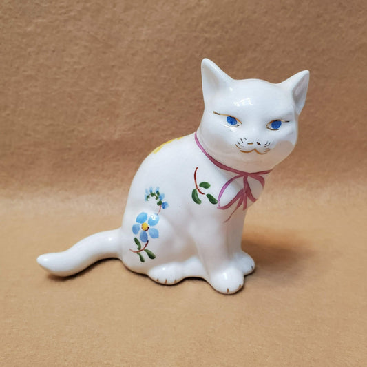 Vintage White Floral Cat Figurine, Pink Bow Hand Painted Flowers Blue Eye Kitten