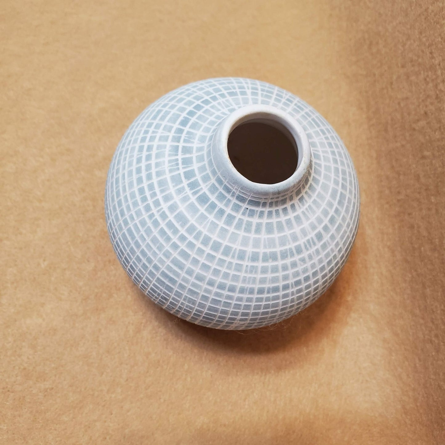 Small Bisque Porcelain Ceramic Bud Vase, Spherical, Engraved Checked Grey Blue