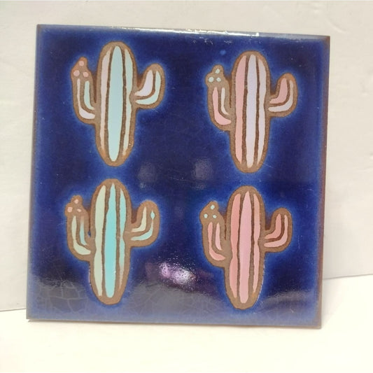 Masterworks Hand Crafted Art Tile, Ceramic Blue Cactus Trivet Coaster Wall Tile