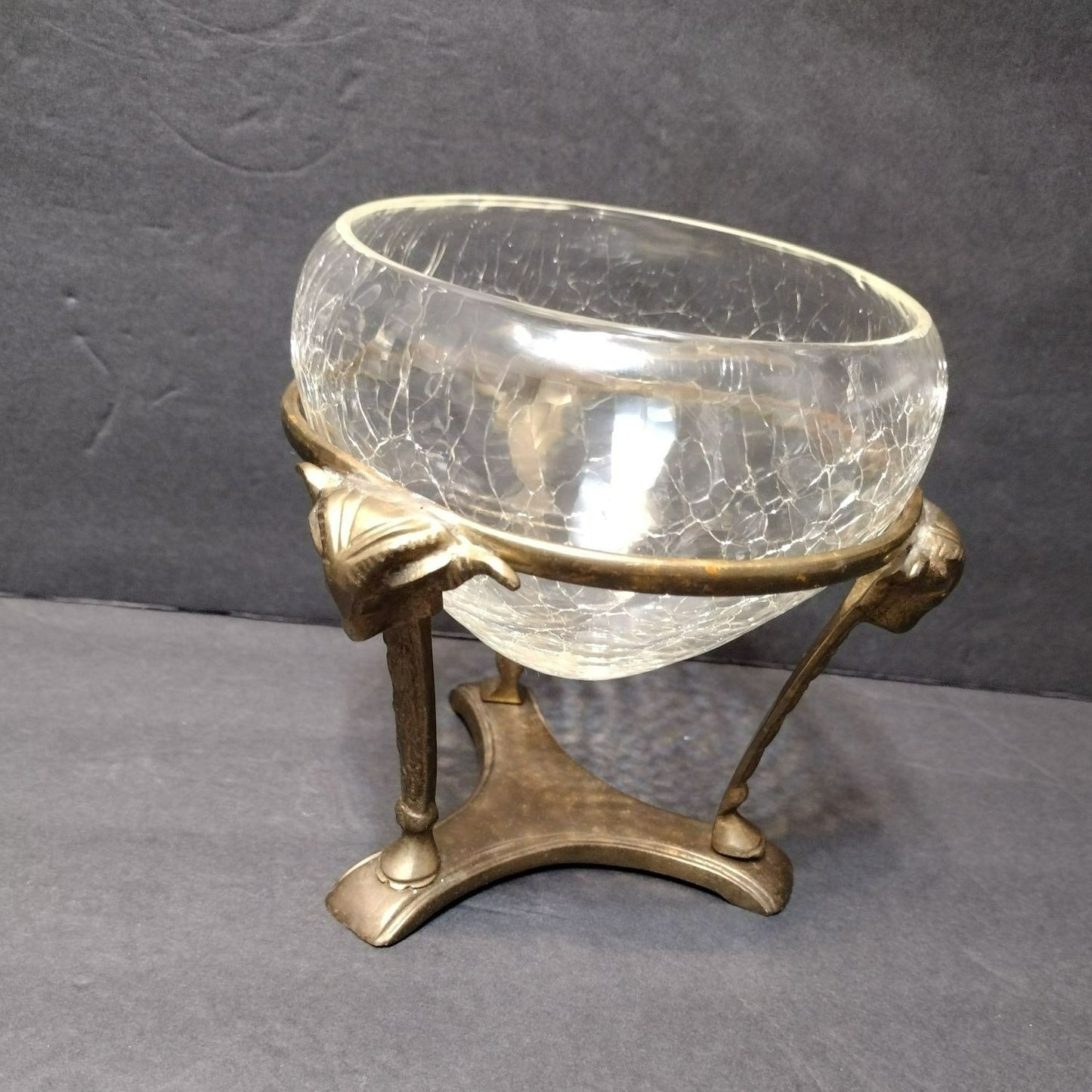 Vintage Crackle Glass Bowl in Ornate Brass Stand, Vase Gold Rams' Head Pedestal